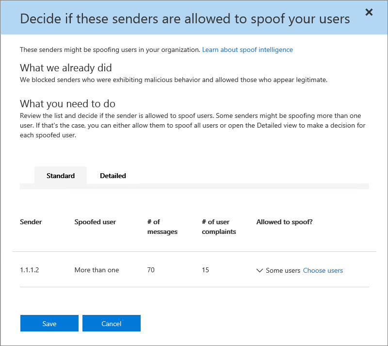 Screenshot showing the Standard tab on the Spoof intelligence panel in the Security & Compliance Center