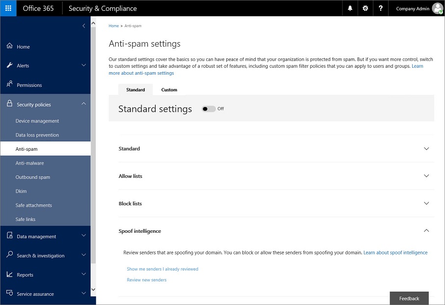 Screenshot showing the anti-spam settings page in the Security & Compliance Center