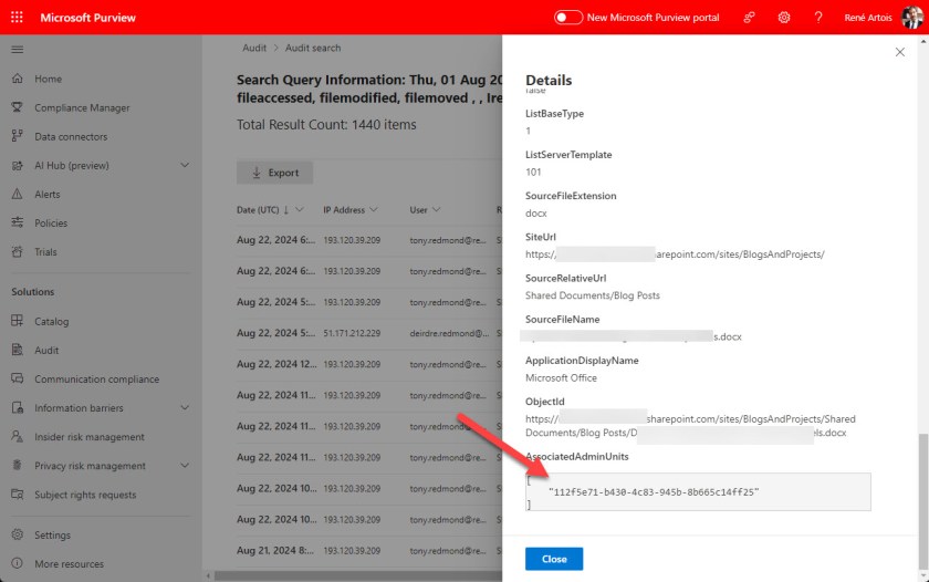 Administrative unit identifiers in records found by an audit log search