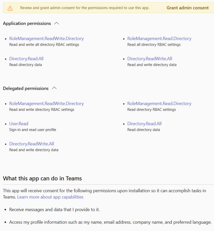 Graph permissions requested by a Teams app.
