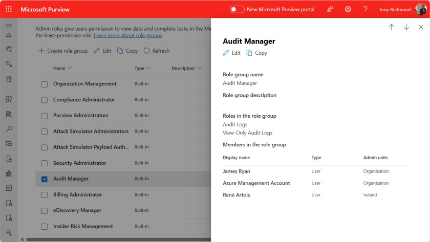 Audit Manager role assignments govern scoped audit log searches for Purview.