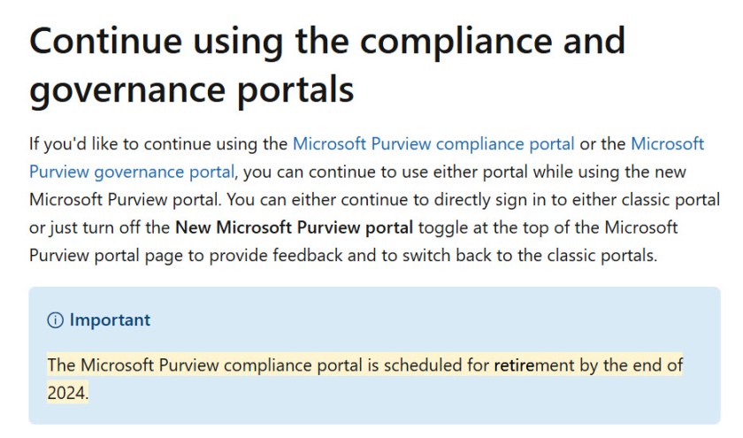 Retirement for the current compliance portal is "by the end of 2024"