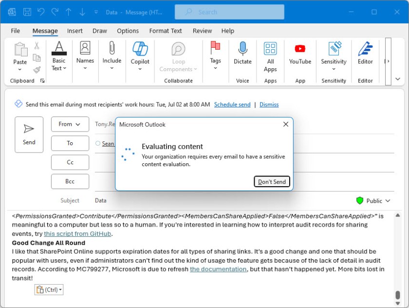 Outlook sends email content for evaluation