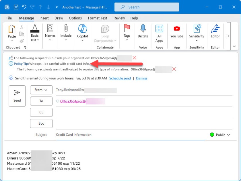 DLP policy tip displayed in Outlook (classic)


Outlook DLP Policy Tips