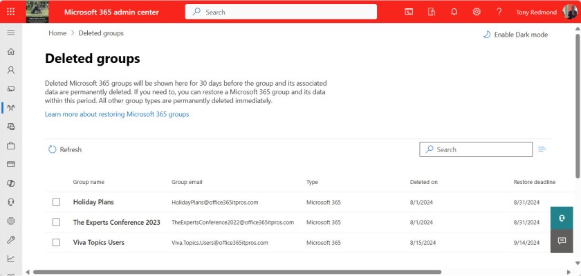 Option to restore deleted groups in the Microsoft 365 admin center