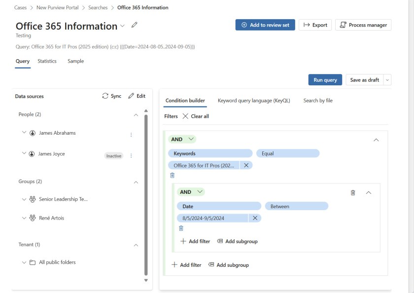 The query builder in the new Purview eDiscovery