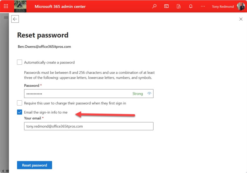 Send password in email option in the Microsoft 365 admin center.