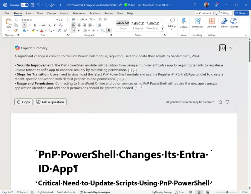  Copilot generates an automatic document summary