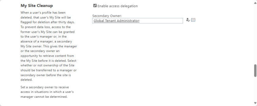 Enabling access delegation and defining a secondary owner for OneDrive accounts

Delete OneDrive for Business accounts
