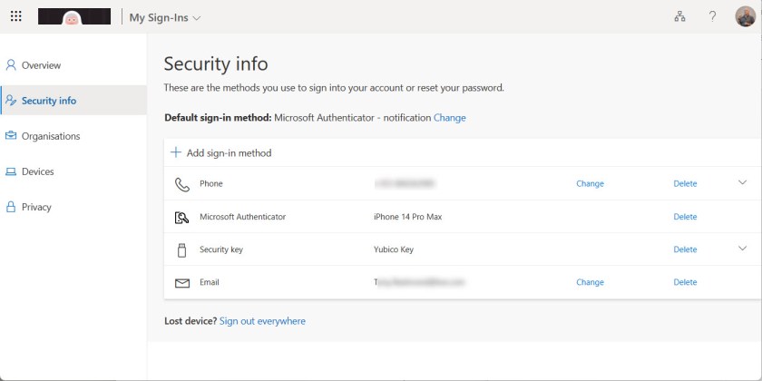 Listing sign-in methods for an Entra ID account