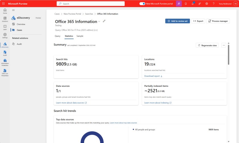 Statistics for a query run by the new Purview eDiscovery