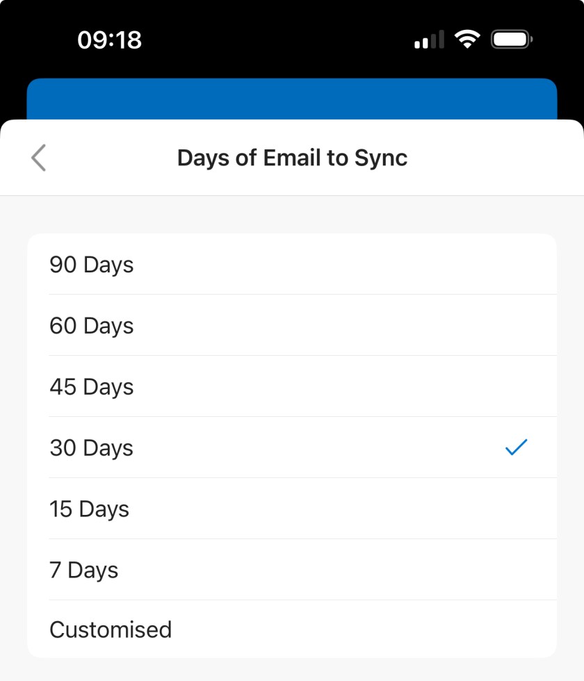 Configuring the Outlook mobile synchronization window