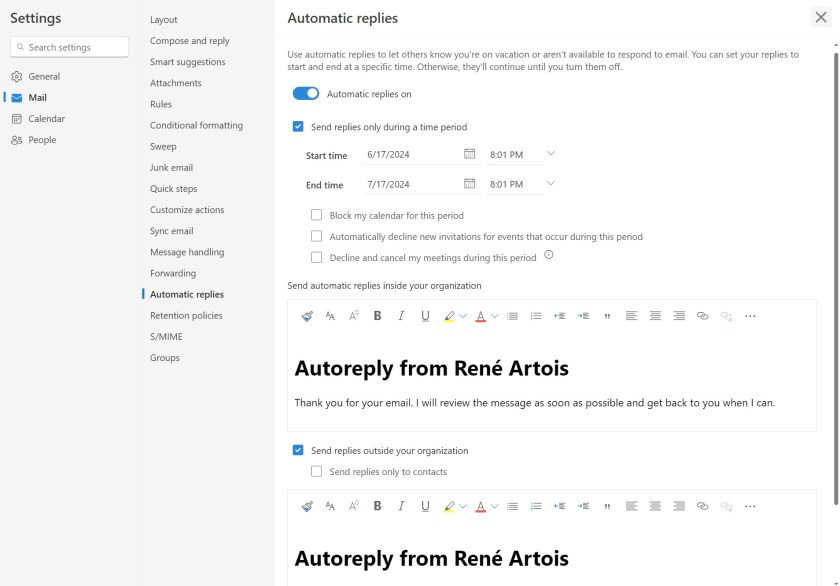 Auto-reply settings updated using the Outlook Settings API