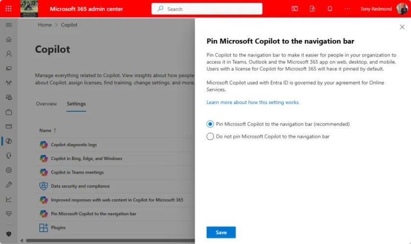 Control in the Microsoft 365 admin center to pin Microsoft Copilot to app navigation bars.