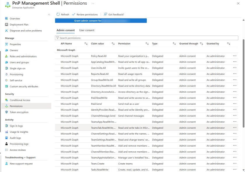 Some of the many permissions held by the multi-tenant PnP PowerShell app