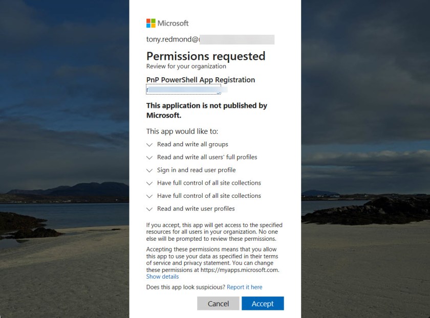 Consent sought for the default set of Graph permissions used by the PnP PowerShell app