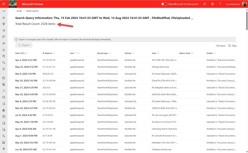 Audit search results shown in the Purview compliance portal.

AuditLog Query Graph API