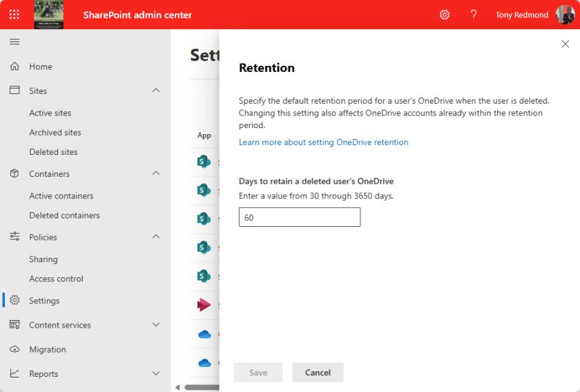 Defining the tenant retention period for OneDrive for Business accounts belonging to deleted users