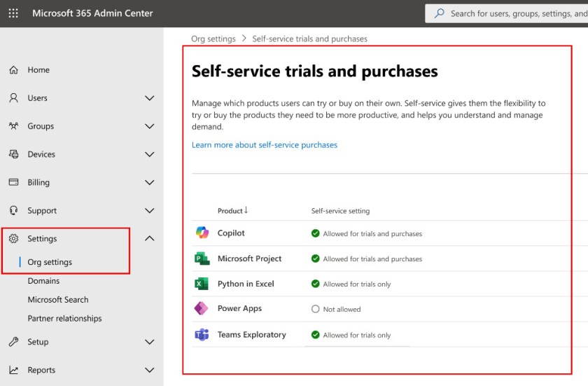 GUI controls for self-service purchases in the Microsoft 365 admin center

License management