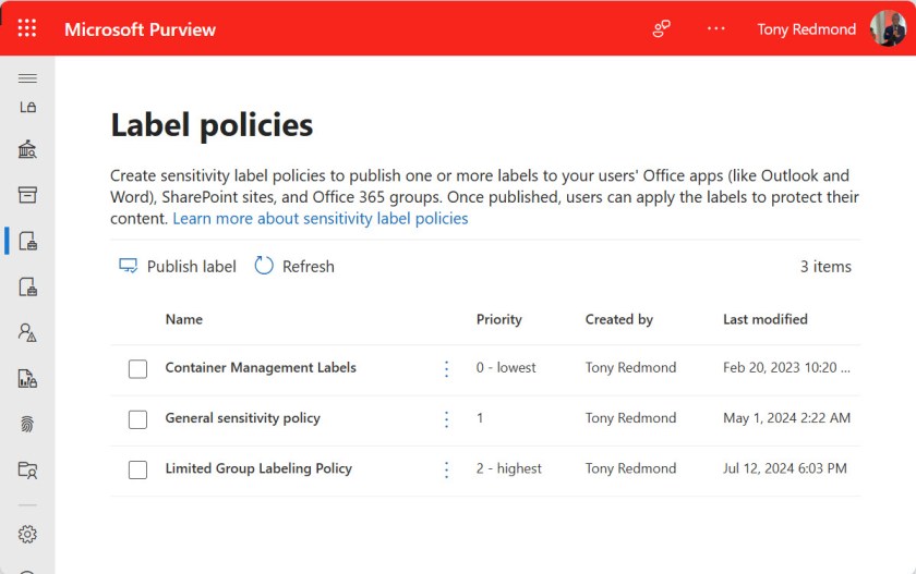 Sensitivity label policies listed in the Purview compliance center.