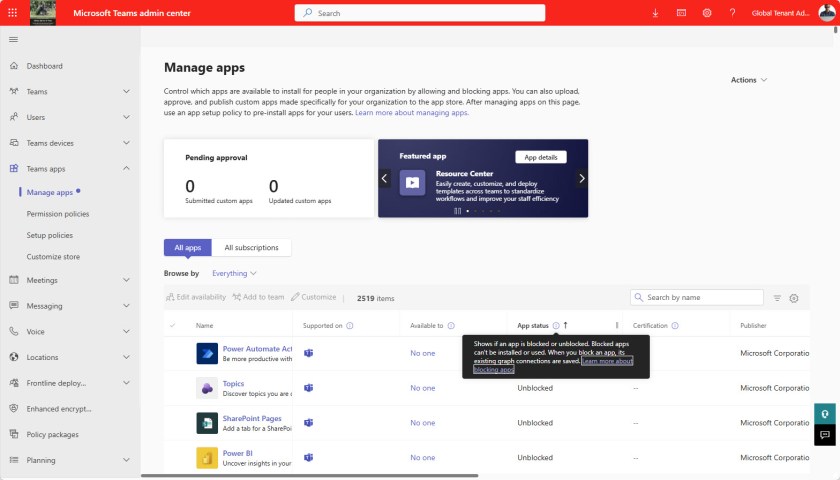 Managing Teams apps in the Teams admin center.