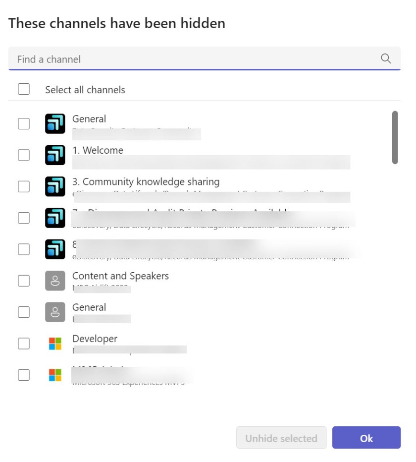 Reviewing the set of inactive channels to be removed from view.