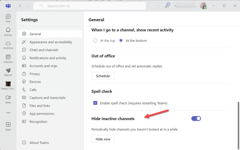 Hiding inactive channels control in the Teams settings app