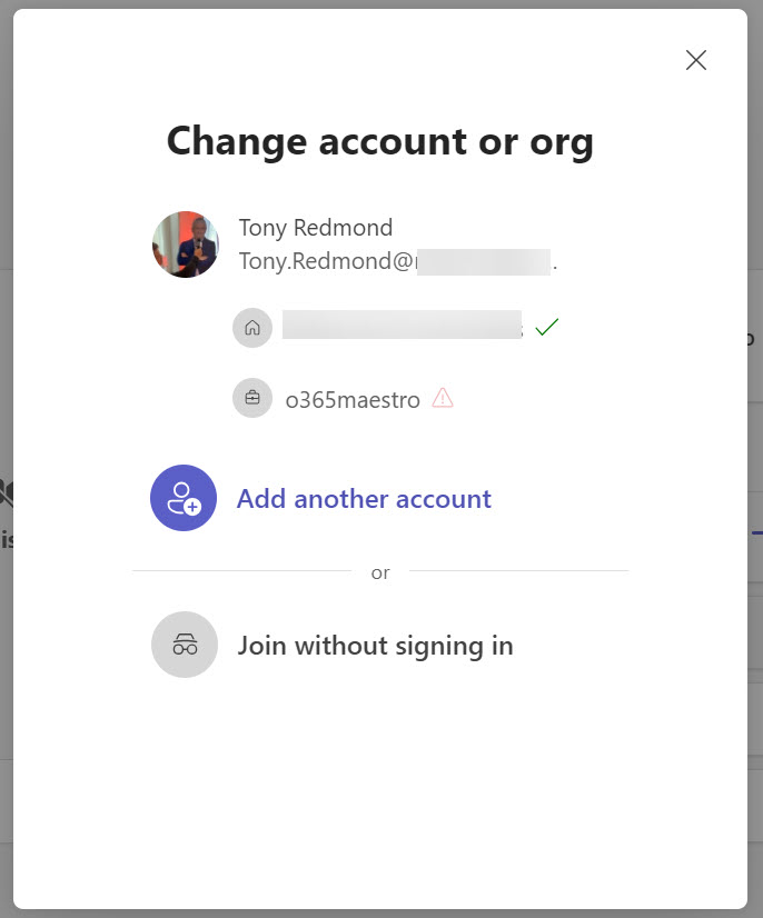 Selecting a different user account to join a Teams meeting in another tenant