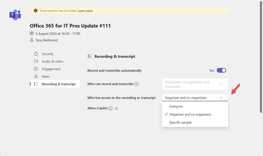 Teams Meeting option to control access to Teams meeting transcripts.