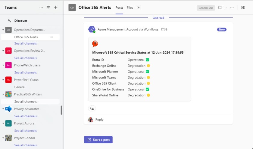 Microsoft 365 service health status posted to a Teams channel via a workflow webhook.