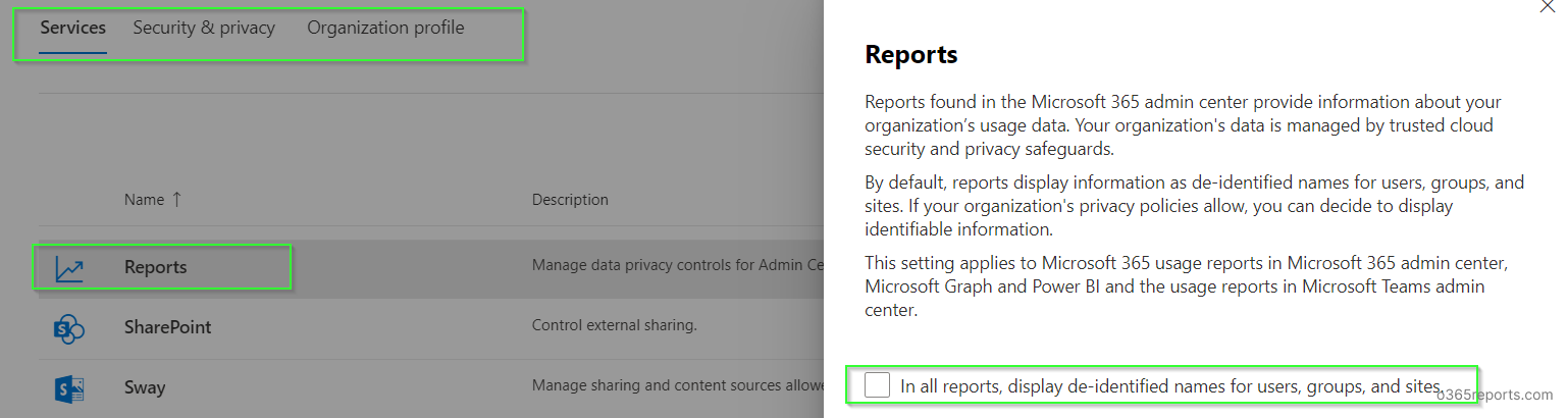 Display Concealed Data Settings in Microsoft 365