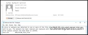 Malware alert text in safe attachments policy